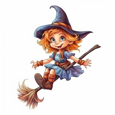 cartoon illustration of a cute Witch on the broomstick. clipart, isolated on white background, 4K