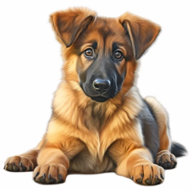 hyper-realistic clipart of an adorable German Shepherd puppy on a white background. Capture the playful and curious nature of the puppy, showcasing its intelligence and loyalty. Pay attention to the distinct features of the German Shepherd breed, including its pointy ears, expressive eyes, and beautiful coat markings. Use a mix of warm and neutral tones to bring out the puppy's natural colors and textures. Focus on the puppy's endearing face and capture its innocent and gentle expression. Add su