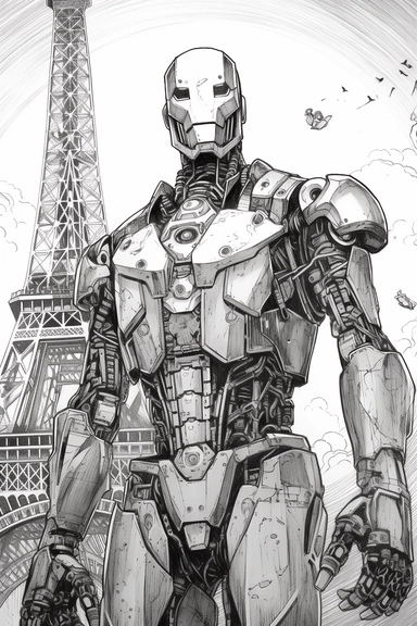 a black and white sketch of a robot, in the style of iron man, drawn like clip art with a strong and detailed feeling of liberty and art nouveau, floating above the eiffel tower in paris