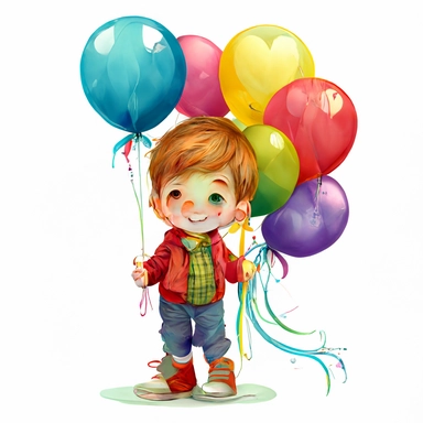 clipart cute and happy little boy holding 3 stringed balloons of different colors full body transparent background