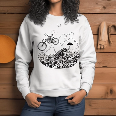 a mockup of a white crew neck sweater on a woman, the sweater has three simple clip art graphics on it, the first is of waves, the second of a bicycle and the third of a stick person running, all of the graphics are line drawings in black