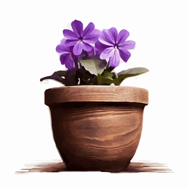 purple Flower inside a brown wood Pot Clipart in the style of oil painting, clean lines on a white background