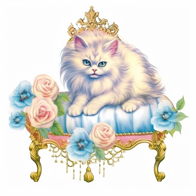make a clipart of watercolor fairytale white fluffy princess cat with a gold tiara and blue eyes, laying on a blue victorian foot stool, and pink roses, rococo, shabby chic