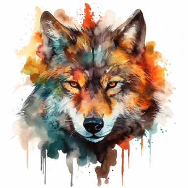 A wolf's head or a full-body image, symbolizing strength, courage, and leadership, fire, watercolor art, clipart