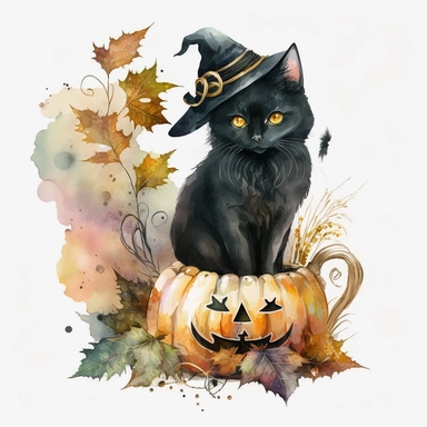 Watercolor black witch cat Halloween clipart, pumpkin, autumn season, Watercolor Sublimation design, white background