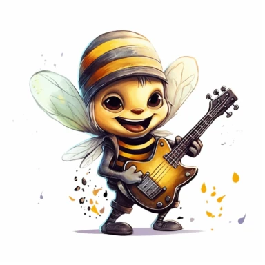 cute Bee character wearing rock music clothes and music element with happy face,front facing on isolated background,with happy face and expression,Animal Sublimation Clipart,no splash watercolor,white background, ultra detailed clipart, cut out image, colorful watercolor realistic, cartoon style, ultra HD, sharp and clean art