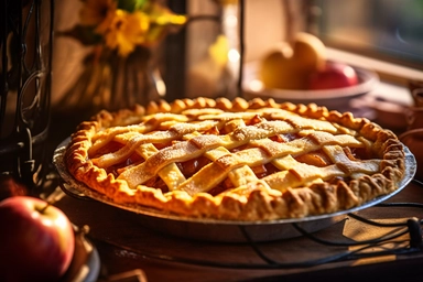 a freshly baked apple pie, its golden crust bursting with juicy apple slices and warm spices. The pie sits on a vintage pie dish, exuding comfort and homemade goodness. Sunlight streams through the window, casting a gentle glow on the lattice crust and filling the room with an irresistible aroma, Photo clipart, super detail, vignetting, shot with Nikon D3000,