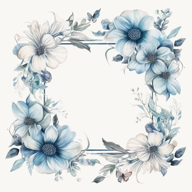 Watercolour clipart of a flower rectangle frame, for wedding invitation, white and blue victorian theme , wedding theme, high quality of details, white background