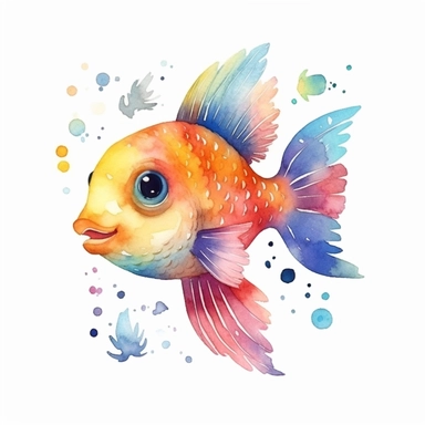 watercolor sea animal, clipart, white background, animated shape, cute, realistic, colorful, fish, happ