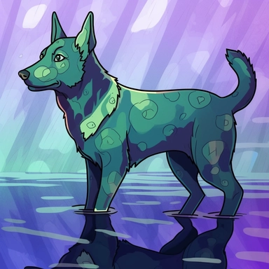 Create a cartoon-style clipart of an iridescent kelpie shrouded in water. The kelpie should have a glow that reflects off the water, and the background should be plain and highly contrasted to make the drawing pop. The goal is to create a whimsical and playful image that captures the essence of this mythical creature. Be sure to incorporate shades of blue and green to emphasize the watery environment.