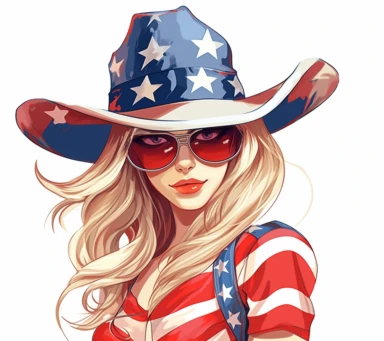 western cowboy girl clipart, usa flag, wear sunglasses, left view, cartoon style, sticker art, t - shirt design , white background
