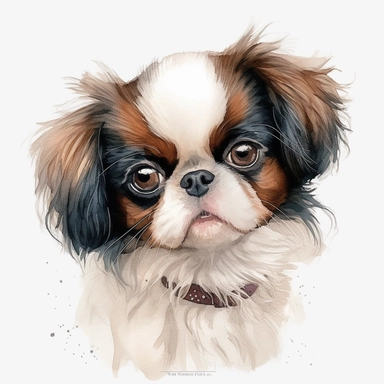 cute Japanese Chin dog portrait, full face, centered shot, side shot, dynamically posed, in action, playful mood, happy mood, playing mood, cute face, adorable smile, childlike eyes, clean watercolor illustration, white background, nursery baby imagery, painting, detailed, 8k, PNG, clipart,