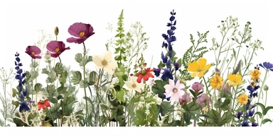 Pressed boho cottagecore snapdragon, cosmos, lupine, anemone and columbine floral border wildflowers with green foliages floral nature garden border, clipart with white background