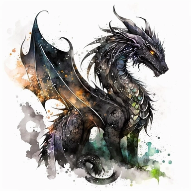 Capture the fierce and majestic presence of a black dragon with this stunning watercolor clipart design. The dragon is depicted in exquisite detail, with shimmering scales that seem to glint in the light and piercing eyes that hint at its unbridled power. The design is rendered in rich, bold strokes that give it a sense of movement and vitality, as if the dragon is ready to leap off the page at any moment. The circular brush-painting frame adds to the overall effect, lending a sense of fluidity 