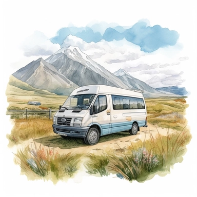 a ford transit 2000 like campervan in a beautiful new zeland landscape, watercolor hand draw Illustration clipart, 4K, extremely detailed