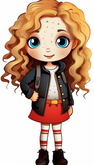a little girl doll style, fashion clothes, black contour, sneaker, long curly hair, cartoon character, clipart, big eyes, disney, sarah kay,