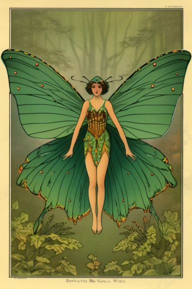 Vintage 1920 Symmetrical Fully Clothed Female Fairy with Large green Wings on its back Illustration, Chromolithograph, 1920s Illustration, Vintage, Antique, Ephemera, Clipart, 8k, on a vintage magazine cover