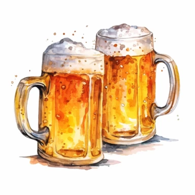 A beer mugs filled with frothy beer, cartoon, watercolor illustration, cartoon clipart, white background for removing background