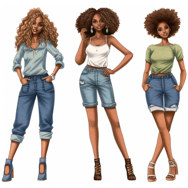 hand drawn, ultra realistic, Denim girl clipart, Denim clipart, Fashion girl clipart, wearing denim shorts, brown leather sandals, Jeans Girl Clipart, African American clipart, Afro girls clipart, Clipart, ultra realistic, hand drawn, wearing the white crop tops, all with beautiful bright smiles, Full body. Clothing line, retail fashion, 2023, fashionnova, African american, mid sized models. Highly detailed. very attractive, glamorous, make up beautiful, gorgeous, glowing make - up. full body an