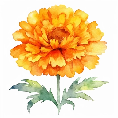 one Marigold Flowers Watercolor Clipart plants plant clipart on a white background, in the style of traditional oil paintings, yellow and orange, ferrania p30, aquarellist, flower patterns, dansaekhwa, high resolution , no watermark, text, 300 DPI , typography, shapes do not stick together, no text in the picture, on a white background