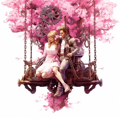 Wlegant regal steampunk couple sitting on a vintage swing suspended from giant gears, their surroundings filled with mechanical trees adorned with blossoms in shades of crimson and pink, steampunk clothes, unreal engine cinematic smooth, 8k, Ultra high quality, intricate detail, retro - futurism, watercolor clipart, white background, hyper realistic
