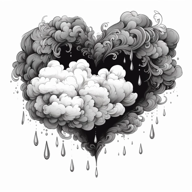 clipart style open heart shape of a heart made of clouds and tears. all in black and gray with a little white on a white background