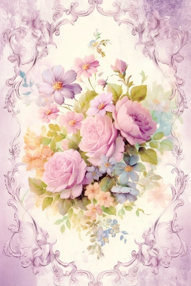 Vintage shabby damask clipart vignette with delicate floral patterns along the sides and corners of the image, small cute bright oil painting vignette with beautiful roses and blooming lilacs, light pastel tones in the center of the image,
