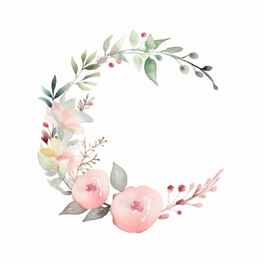 half a circle, minimal, pale pink watercolor flowers, wedding invite, clipart, white background, half circle