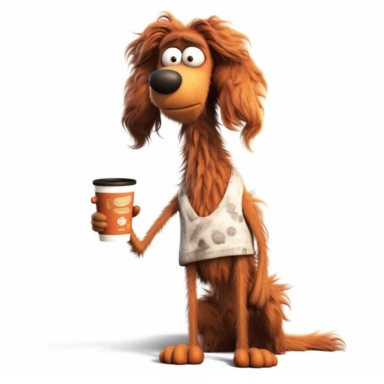 a very skinny dog with frizzed out hair, holding a cup of coffee, droopy eyes, tired, pajamas, coffee mug, pixar style, full body image, clipart, white background