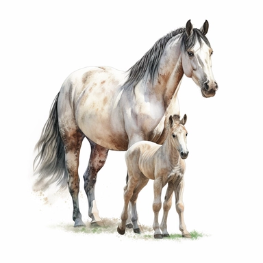 andalusian horse and foal watercolour painting realistic yet stylized, digitally enhanced, clipart, 32k uhd, detailed crosshatching white background