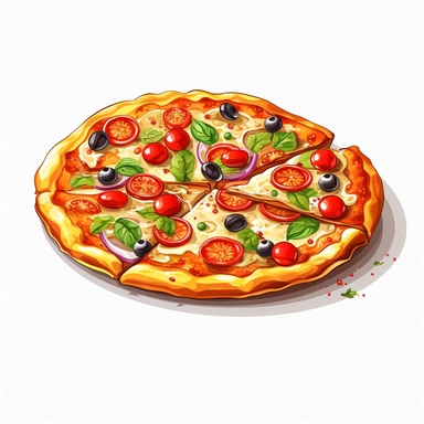 A pizza, cartoon, detailed, clip art, white background, no shadow