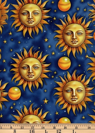 a fabric with suns and stars on it, in the style of blue and amber, ruth sanderson, distinctive noses, andrea mantegna, celestialpunk, spacecore, celestial, white background, clipart