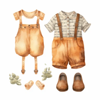 clipart, vintage, watercolor, clothing outfit for baby boy and girl, hand drawn
