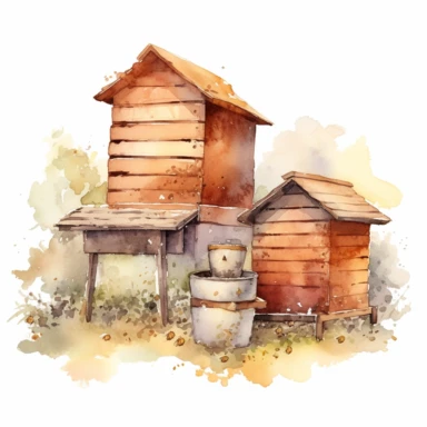 a watercolor clipart, vector of beehives in the style of vintage imagery, decorative paintings, subtle shading, nature core, muted colors, craftcore, on a white background, uhd image