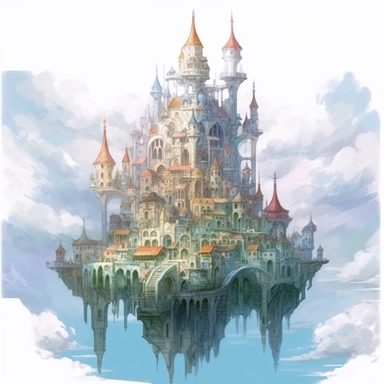magical ethreal foating city , Takehisa Yumeji's art style, soft, glowing ,watercolour, clipart, isolated clipart, white background