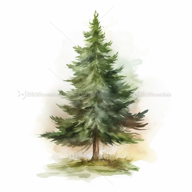 watercolor painting of a cartoon clipart evergreen tree on a white background