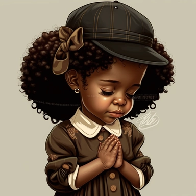 clipart style Afro Latina 7 years old, praying, happy praying hands, curly dark brown hair wearing a beret hat, closed eyes, short sleeve summer dress, dress over the knees.