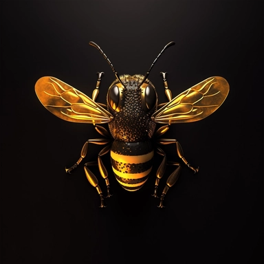Clip art, black and yellow bumble bee stinger, 8k, back light, orthodox, anime, comic, portrait shot, cinematic lighting, realistic, wall art, commercial use, dark back drop, the word great in bold font