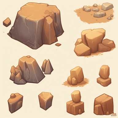 simple desert boulders, video game assets, isometric, top down, isolated figures, hand drawn, level art, low contrast, no borders, soft lightning, smooth edges, atmospheric effects, spatial concept art, muralist, clipart, ps1 graphics, deconstructed objects, 2d, plain background
