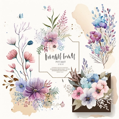 Wildflower Clipart Watercolor Floral Wedding Spring Flowers Premade Corner Arrangement. Bachelorette party, pink, blue, purple and brown pastel colors on white background FOR GIFT CARD, WEDDING INVITATIONS