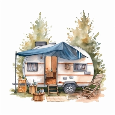 camping style cute caravan in the campground with watercolor effect,night landcsape,camping tools,camping chairs and table,caravan pengola,forest landscape,suitable for digital clipart,white background
