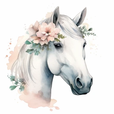 Watercolor Minimalist floral White Horse Face clipart, hyper realistic, detailed, stylised, nature scene, hyper detailed, cozy colors