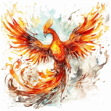 A clipart of a fiery phoenix rising from ashes, painted in watercolor style, designed on a white background.