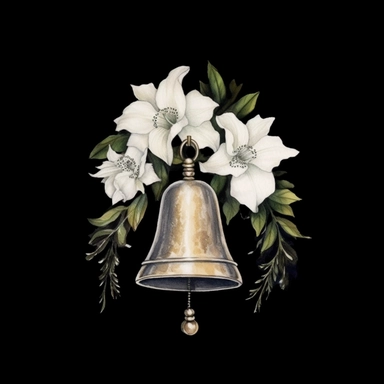 Solid black background, Detailed watercolor clipart, wedding bell with white flowers