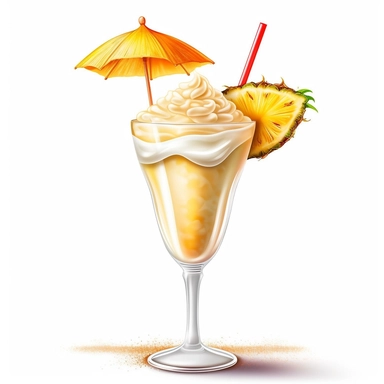 In this charming Piña Colada clipart illustration, a tropical paradise unfolds against a pristine white background. The iconic Piña Colada cocktail takes center stage, showcasing its luscious and exotic elements. A tall, elegant cocktail glass stands adorned with a vibrant pineapple wedge and a cocktail umbrella, transporting you to a sun-kissed beach. The creamy coconut milk intertwines with the sweet pineapple juice, creating a smooth and indulgent blend of flavors. The clipart invites you to 