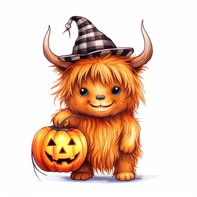 Painterly adorable cutie, baby highland cow wearing halloween costume with a jack o'lantern cartoon, full body, hyperealistic, kawaii, watercolor, clean white background by Clive Madgwick , style by Lucy Fleming, watercolor, smooth gradients, black contour outline, ultra detailed, clipart elements, delicate pastel colors, solid white background, super clear, high quality