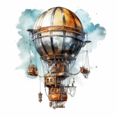 a steampunk style air balloon with watercolor effectsteampunk style gear wheels,unrealistic,suitable for digital cliparts , fantastic scene , high quality,fantastic scene