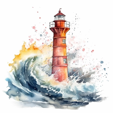clipart, A captivating watercolor lighthouse nestled amidst crashing waves, guiding ships with its bright beacon, isolated on a white background with a wide margin.