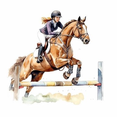 Takes horse jump lessons, highly detailed, watercolor, clipart, illustration, white background, digital painting, paper crafting, no signature, no text