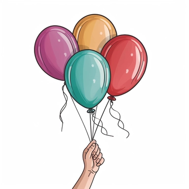 illustration of a hand holding the strings of four balloons, sticker, clipart, vector, contour, white background